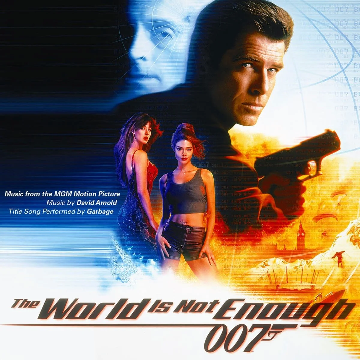 The CD cover for the soundtrack for James Bond film 'The World Is Not Enough' featuring Pierce Brosnan as James Bond holding a gun, with two women in red and black outfits below him.