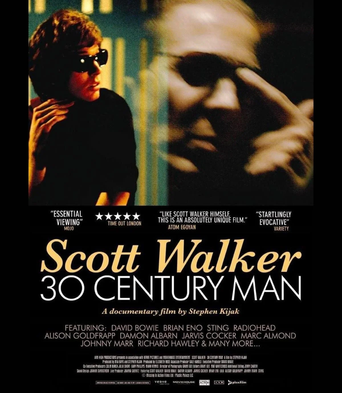 Poster for a documentary film about Scott Walker, titled 'Scott Walker 30 Century Man.' The poster features photos of 60's Scott with sunglasses on the left and a close-up of his face on the right, with text and quotes about the film at the bottom.