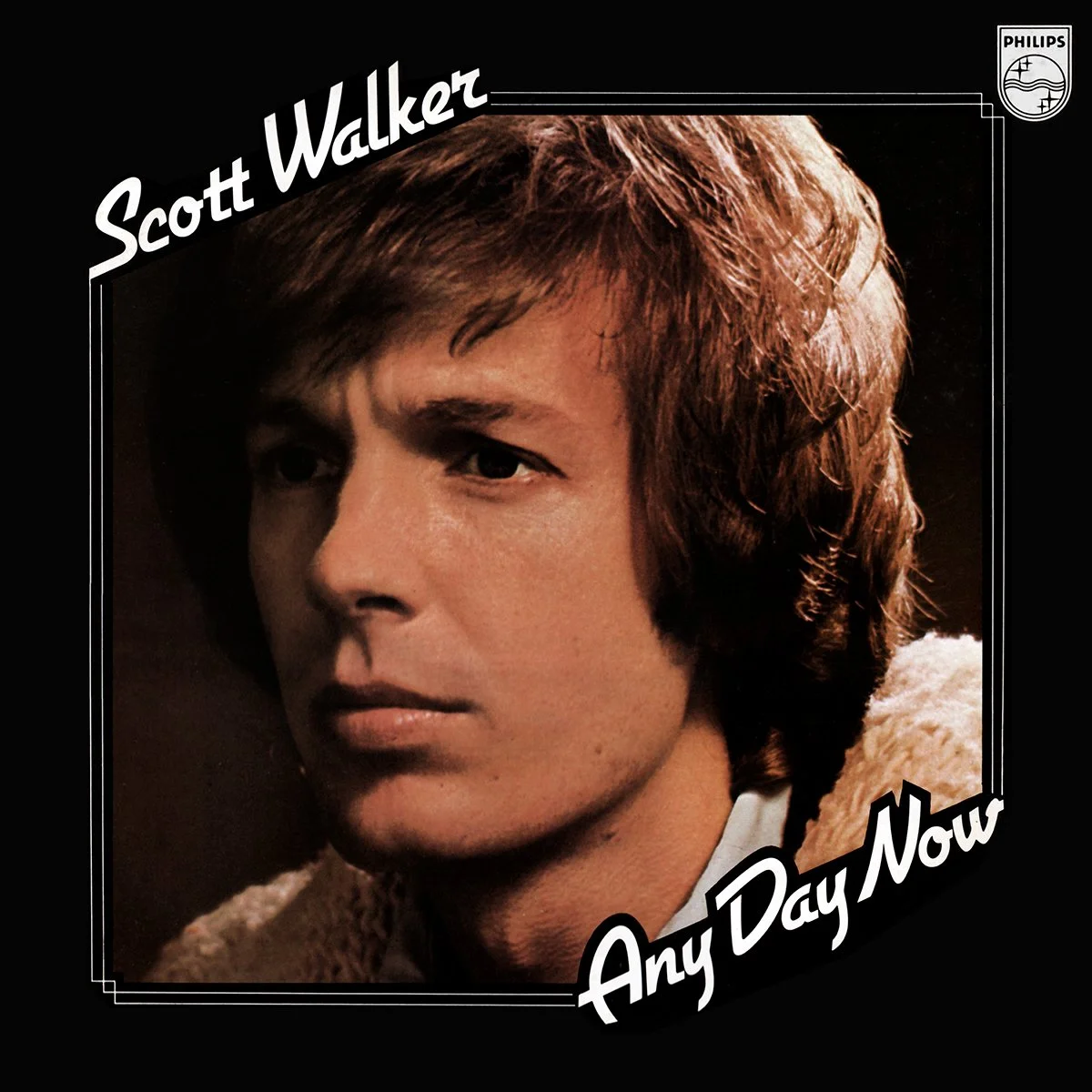 Close-up of Scott Walker's face on an album cover with the text 'Scott Walker' and 'Any Day Now', and a Philips logo in the upper right corner.