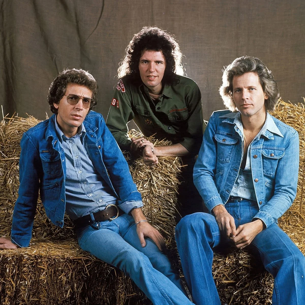 The Walker Brothers sitting on hay bales, with a gray background. All members are dressed in casual blue or green clothing.