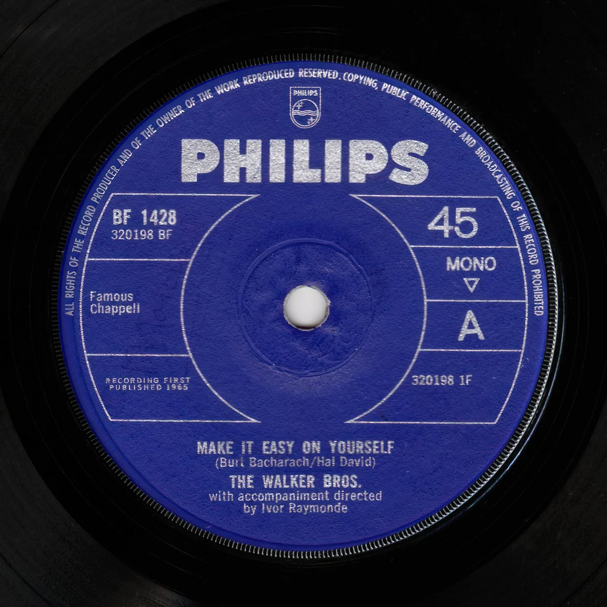 Blue Philips vinyl record label with song title "Make It Easy on Yourself" by The Walker Bros, recorded in 1965.