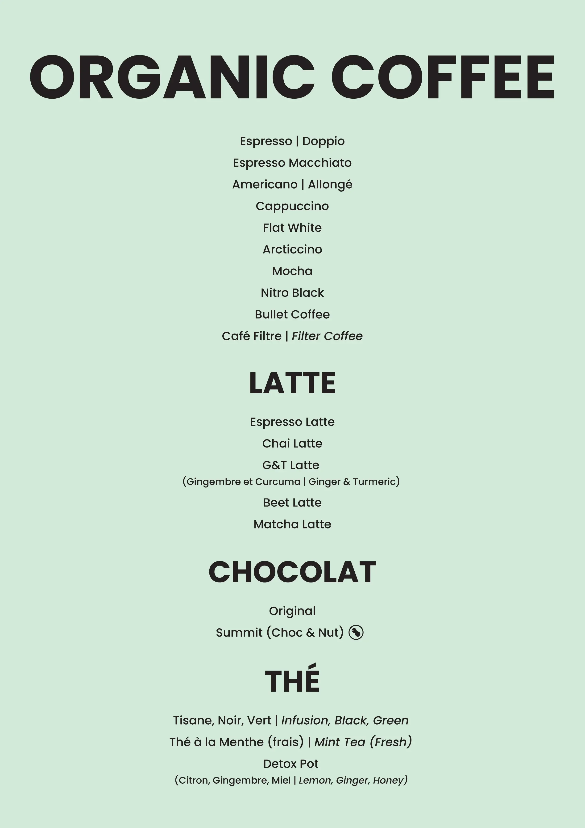 Menu featuring organic coffee, latte, chocolate, and tea options with various types and infusions listed.