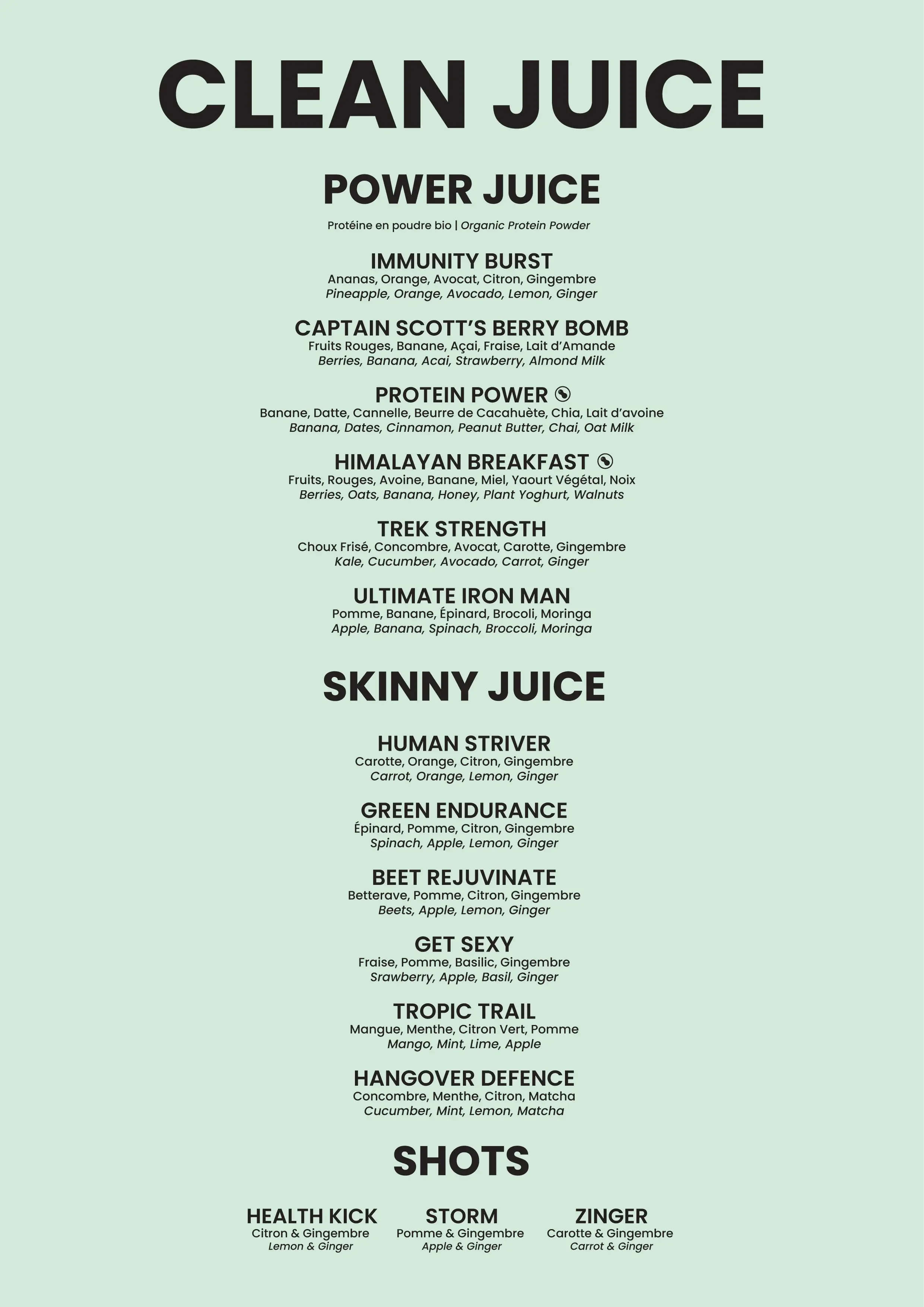 A menu titled 'Clean Juice Power Juice' and 'Skinny Juice' with various juice options and ingredients listed.