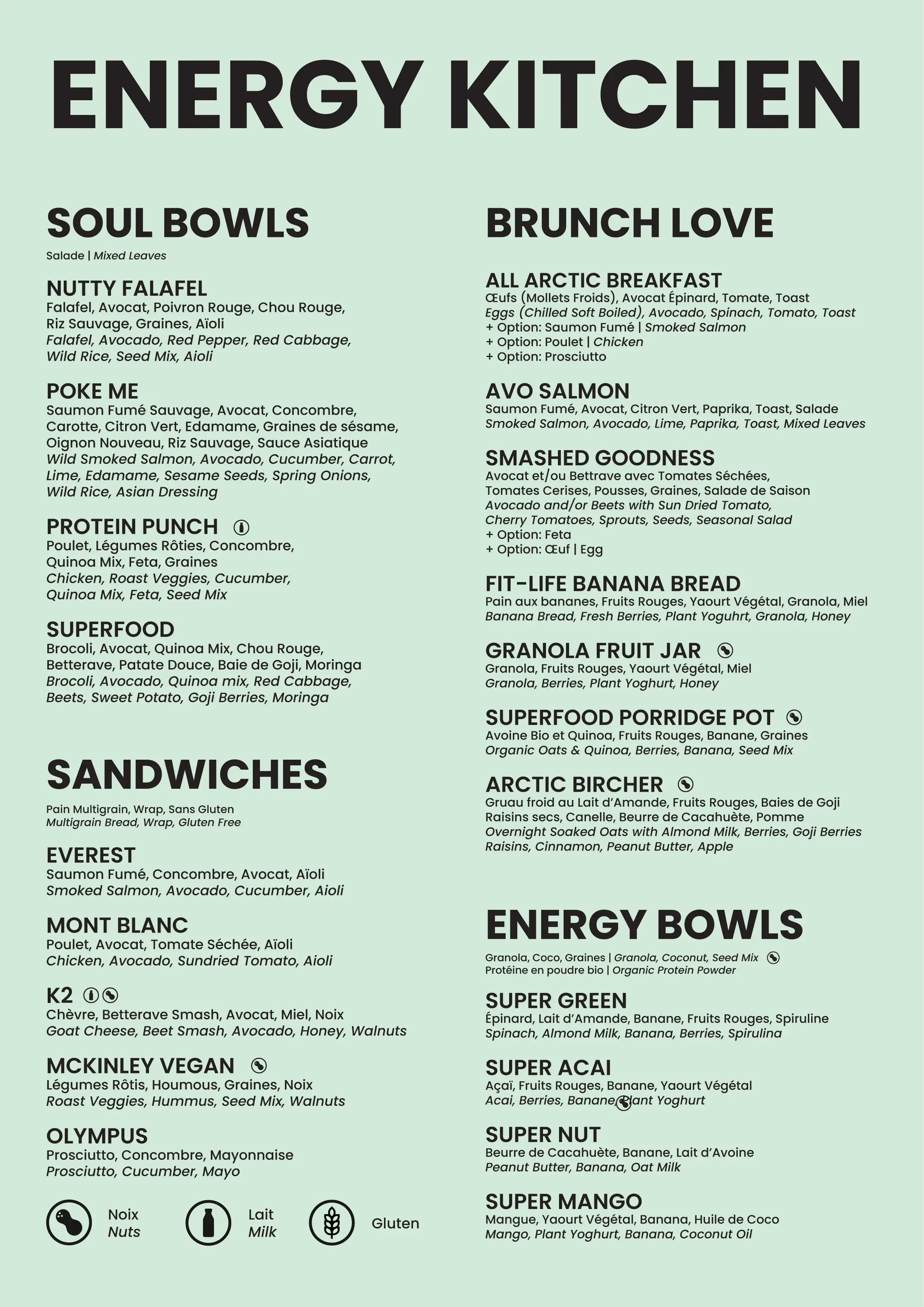 Menu titled 'Energy Kitchen' listing various food options including soul bowls, sandwiches, brunch, energy bowls, and other dishes with descriptions in French and English.
