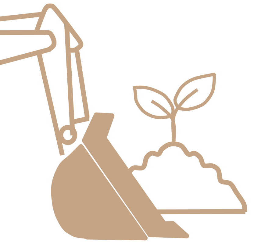 Skizze einer Hand, die eine kleine Pflanze in die Erde setzt, symbolisiert nachhaltige Landwirtschaft oder Gartenarbeit.