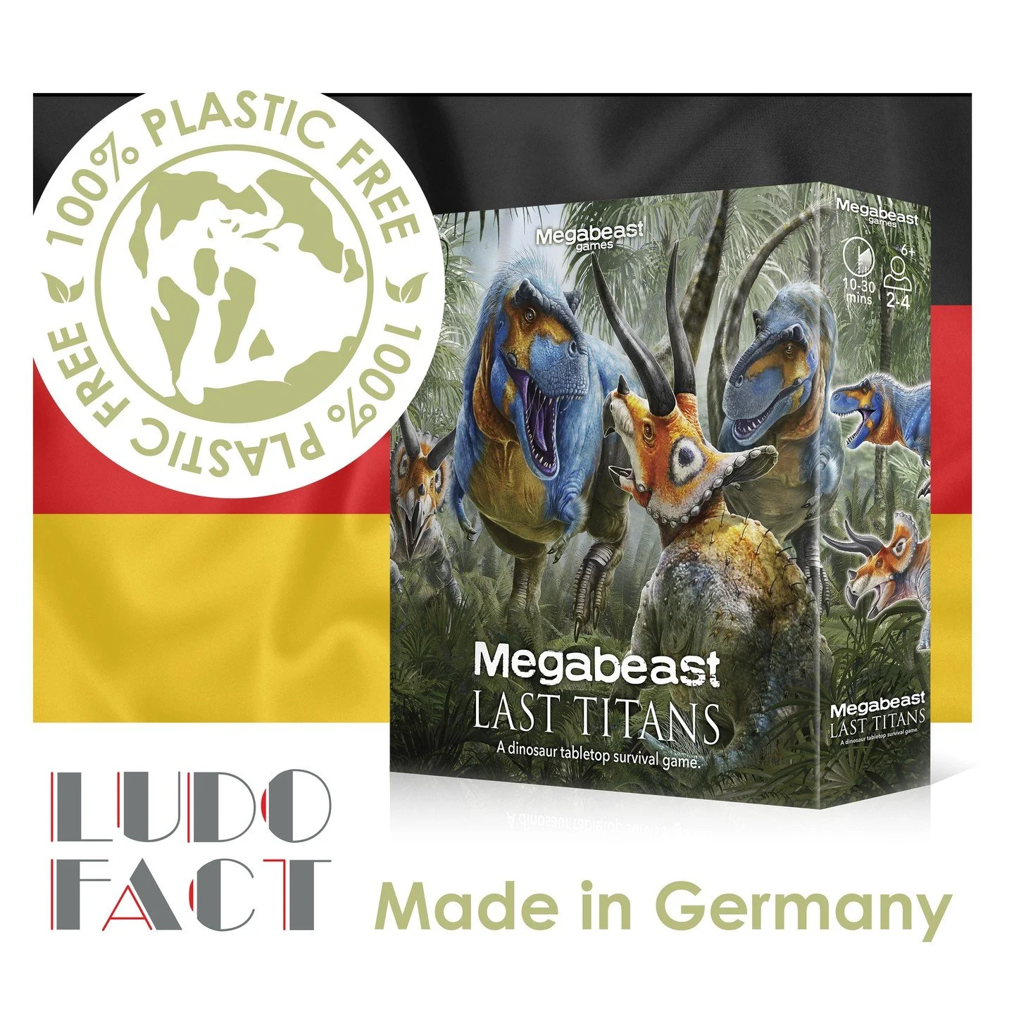 Megabeast Last Titans will be proudly made in Germany, by @ludofact_group - 100% plastic-free, with eco-friendly FSC&reg; wooden dice. #dinosaurs #tabletopgames