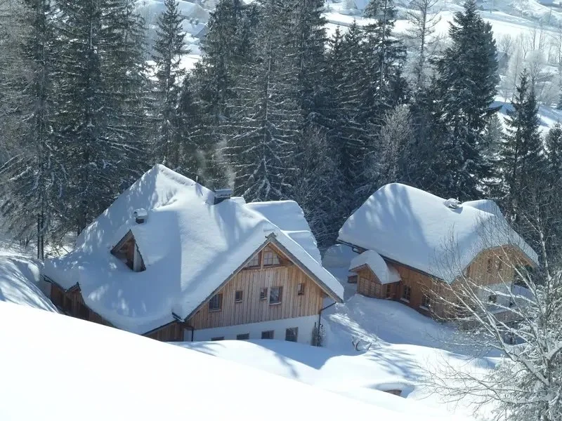 Verschneite Häuser im Wald