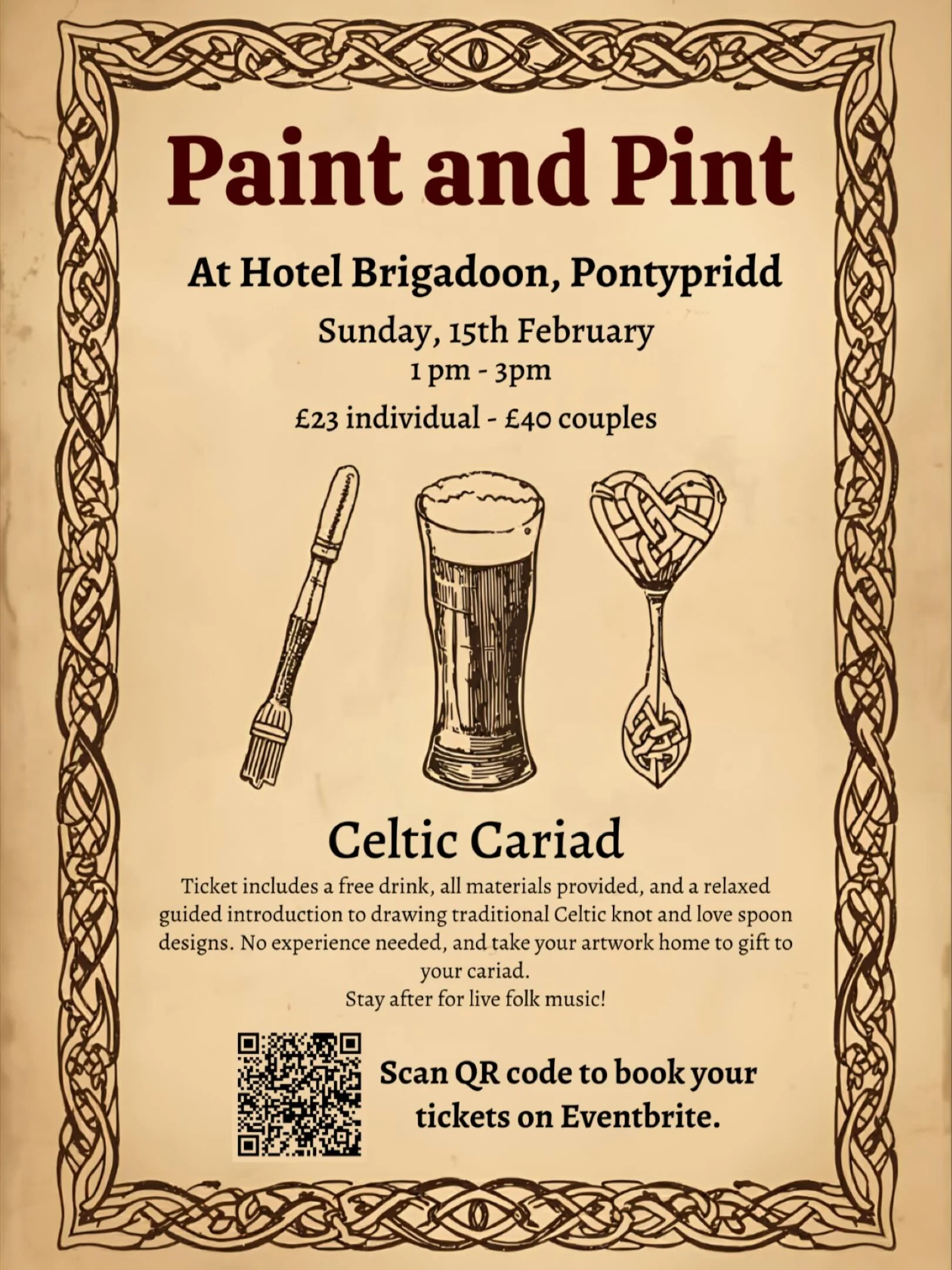&hearts;️Valentine&rsquo;s Pint &amp; Craft Afternoon at Hotel Brigadoon! &hearts;️

Join us Sunday 15th February, 1&ndash;3 PM for a relaxed, creative afternoon exploring Celtic knot and love spoon designs. No experience needed &mdash; all materials