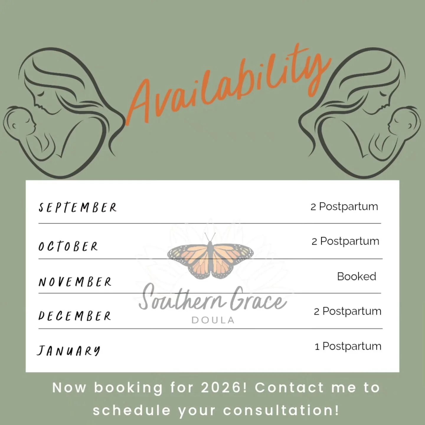✨Updated Availability✨

As I make this shift toward more postpartum care, I wanted to give y&rsquo;all a peek at my upcoming openings:

🗓️ September &amp; October: 2 postpartum spots each month
🗓️ November: Fully booked
🗓️ December: 2 postpartum s