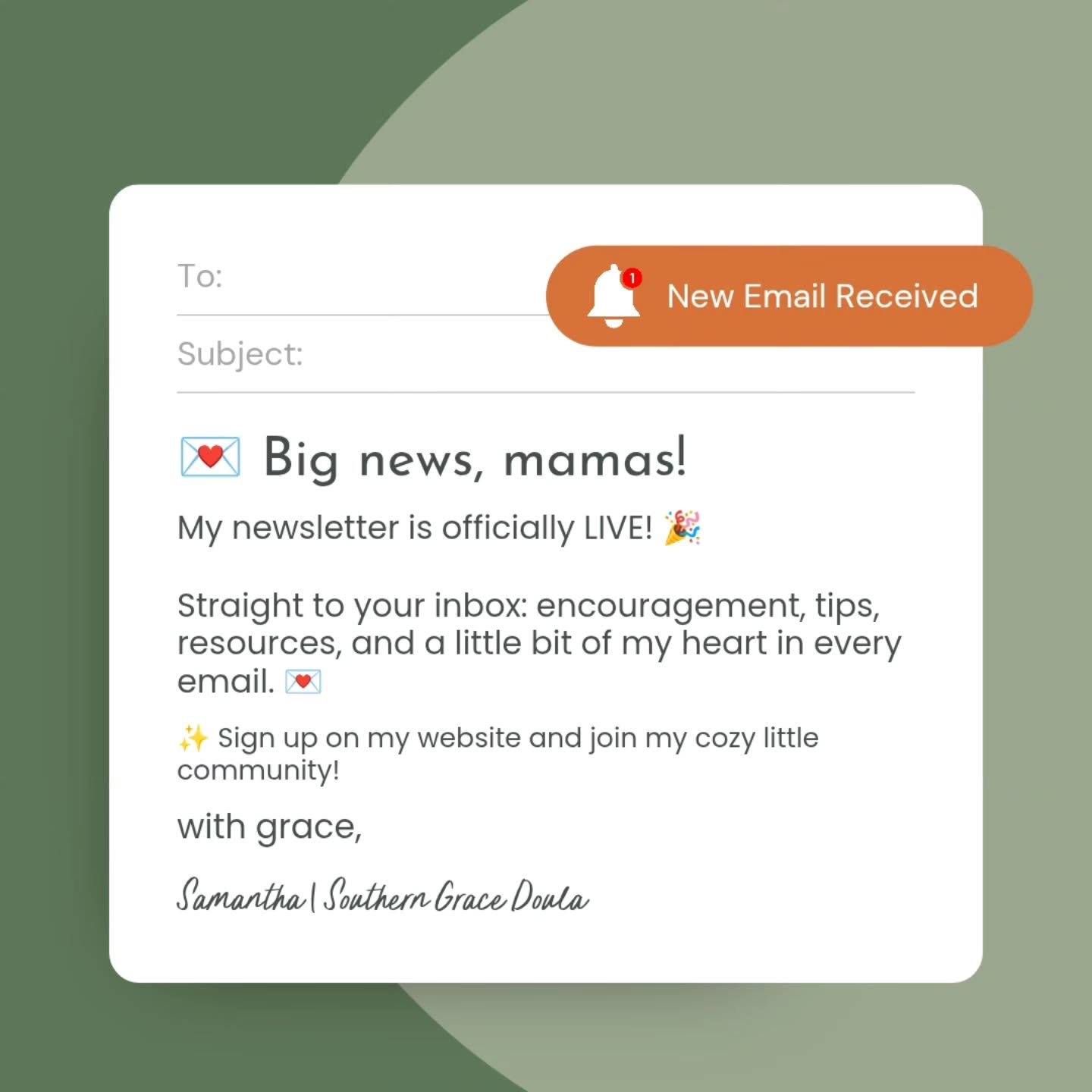 Hey y&rsquo;all 💛

It&rsquo;s official &mdash; my newsletter is LIVE! 🎉 I&rsquo;m so excited to have a place where I can share all things postpartum, faith, and mama-life straight to your inbox. Expect monthly emails full of encouragement, tips, re