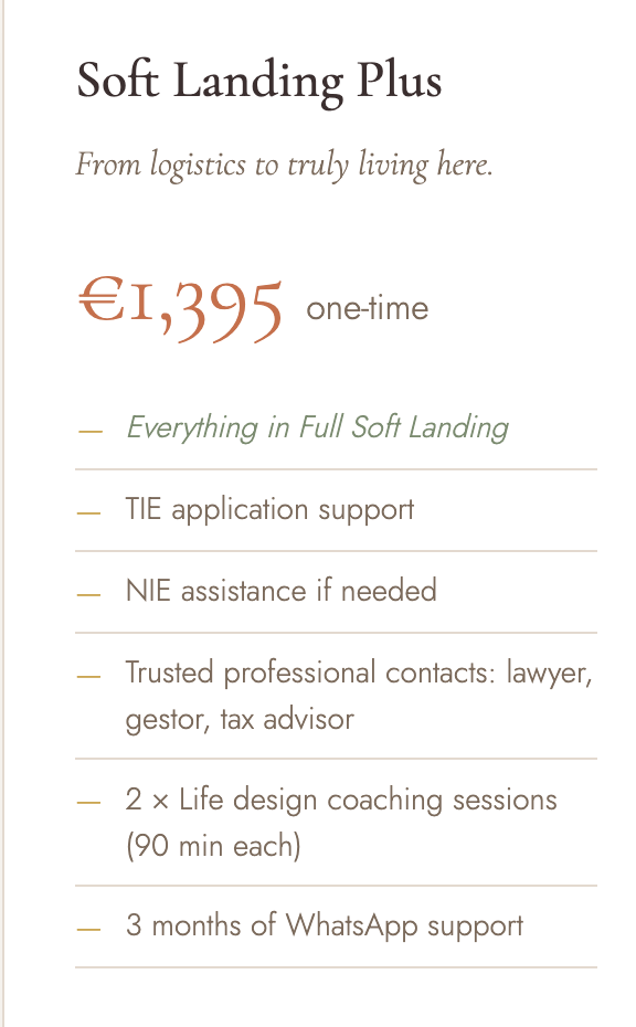Advertisement for Soft Landing Plus service, priced at 1,395 euros, offering full soft landing support, TIE application help, NIE assistance, professional contacts, two life design coaching sessions, and three months of WhatsApp support.