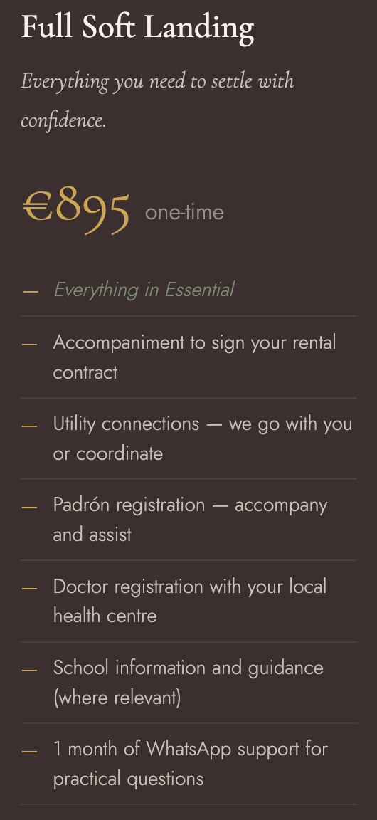 A promotional graphic outlining the services and features of Full Soft Landing, including a one-time fee of €89.95, with details about essential offerings such as assistance with rental contracts, utility connections, registration, health center visits, school guidance, and WhatsApp support.