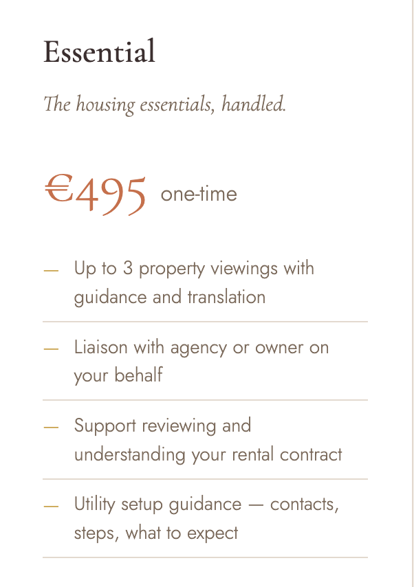 Advertisement listing housing essentials for 495 euros, including property viewings, agency liaison, rental contract support, and utility guidance.