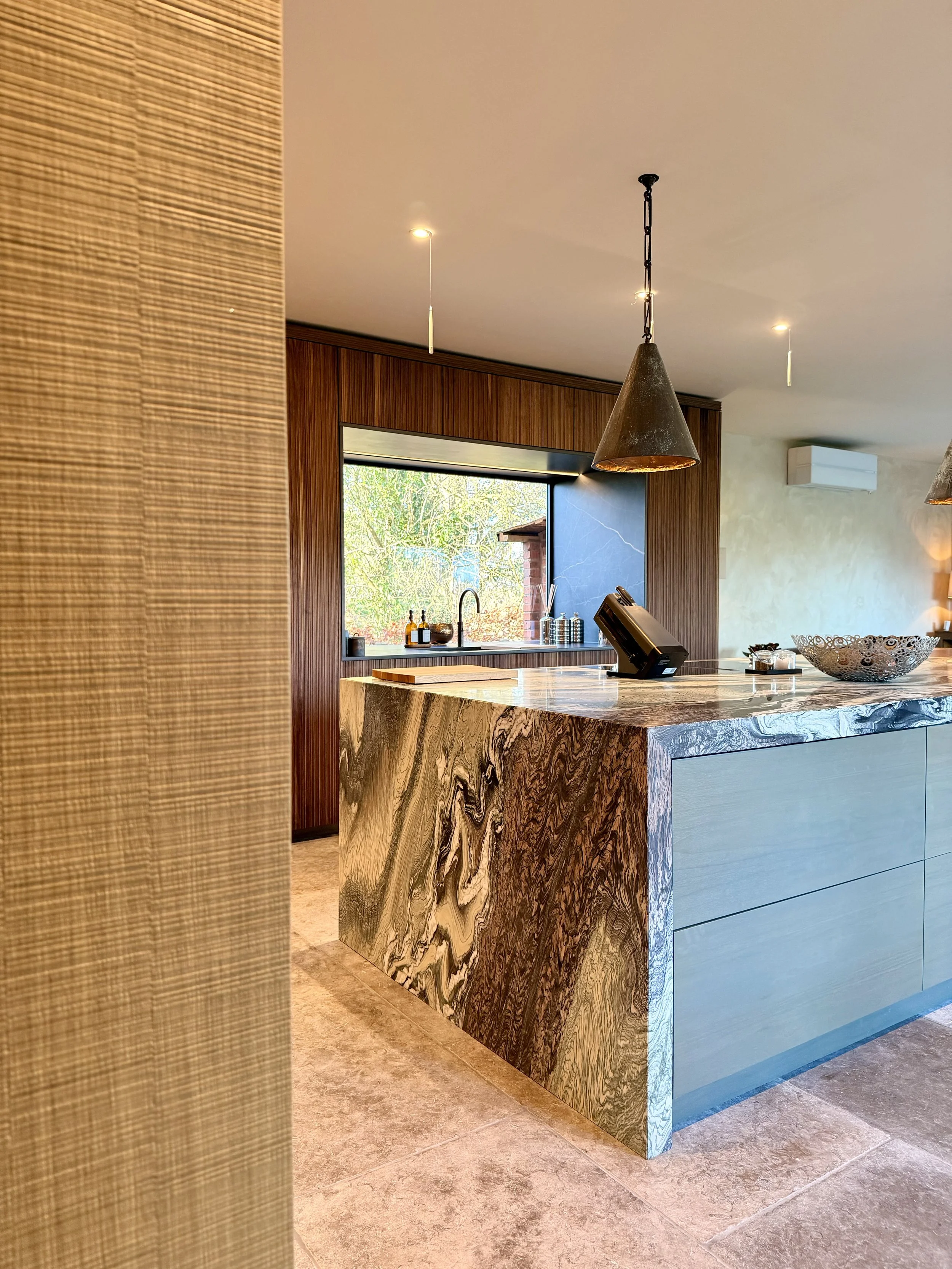 Waterfall stone worktop.