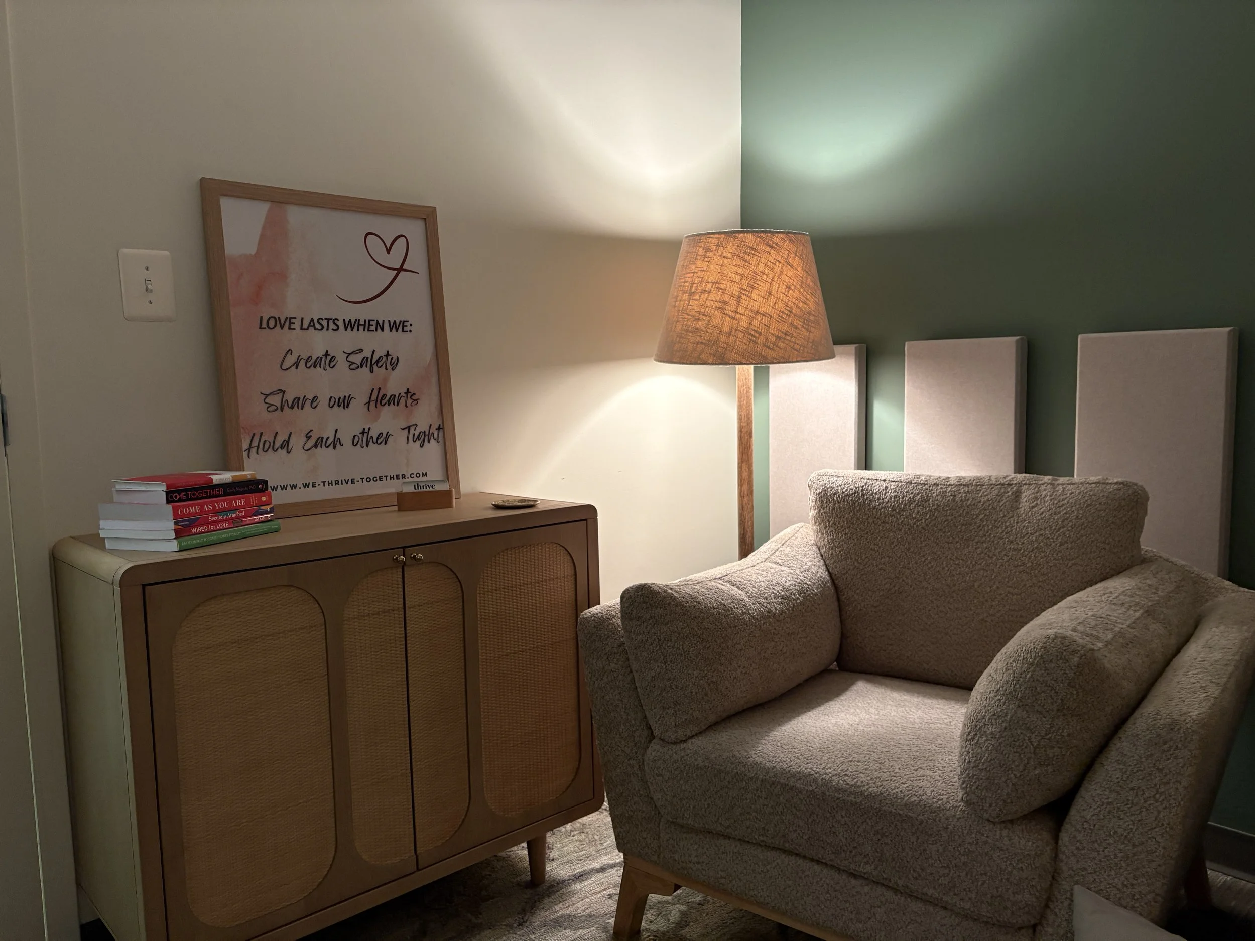 Warm therapy office waiting area at Thrive Counseling in Fredericksburg VA