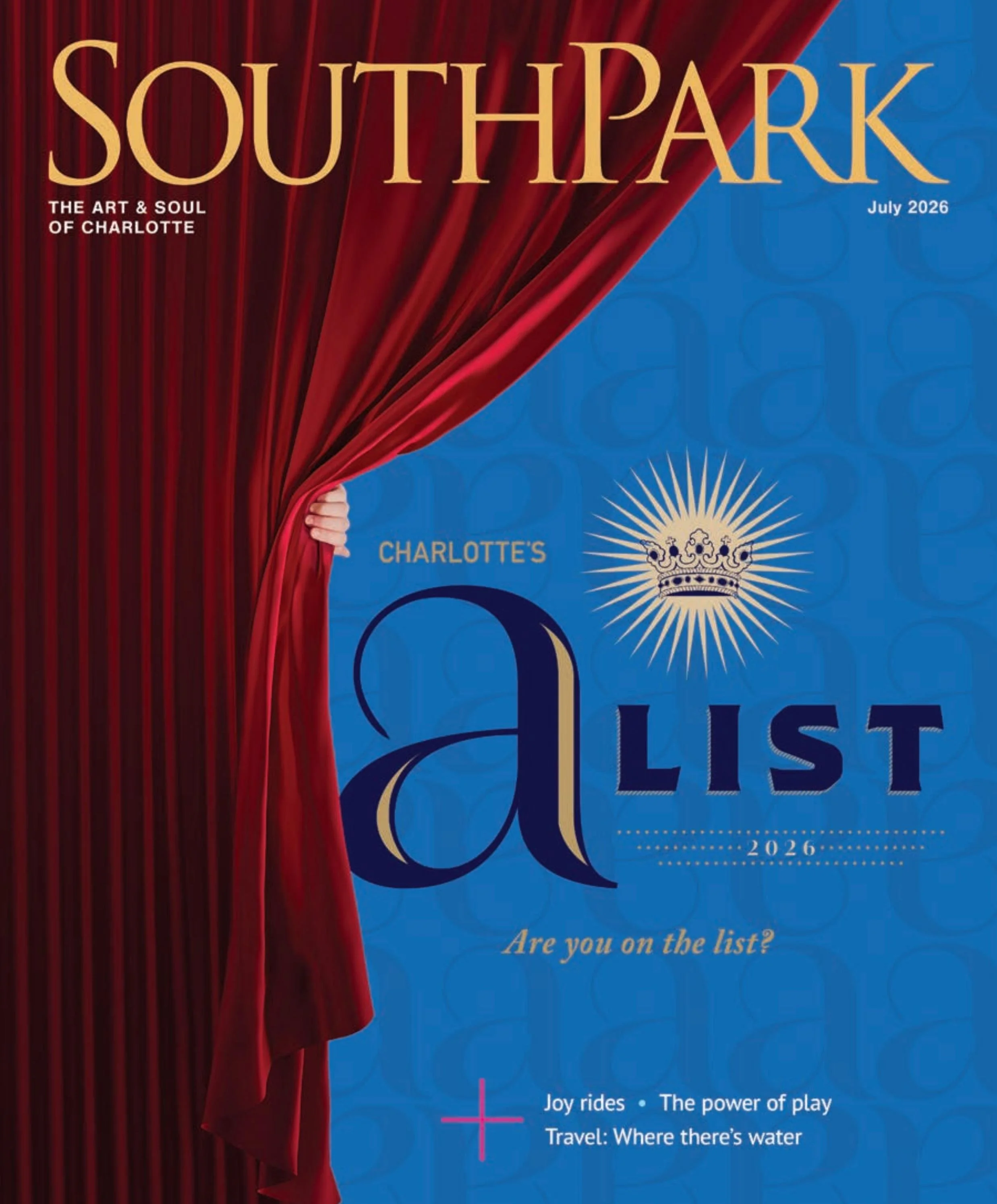 SouthPark Magazine 2026 A List Cover. Blue color with a red velvet curtain drawn back to reveal 'A List'.