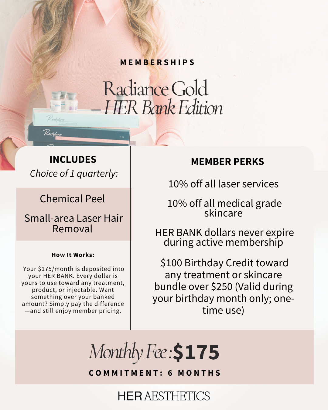 An advertisement for HER Bank edition memberships by HERAesthetics, offering quarterly treatments including chemical peel and small-area laser hair removal with a monthly fee of $175 and a 6-month commitment. HER Aesthetics in Oswego, IL