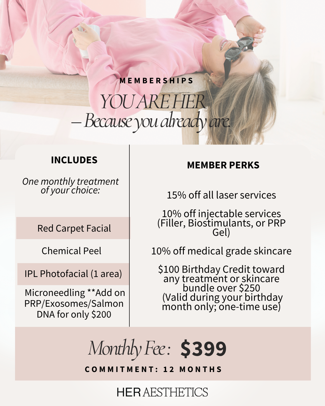 Woman lying on a bench wearing pink sweatshirt and sunglasses, holding a white cup. HER Aesthetics in Oswego, IL