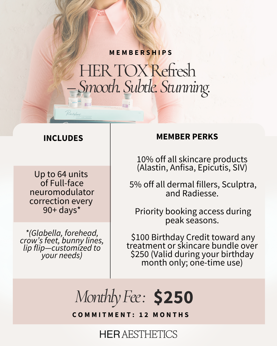 Advertisement for HER TOX Refresh skincare membership, featuring a woman in a pink shirt holding skincare products with text detailing membership benefits and pricing. Medspa near me in Oswego, IL - HER Aesthetics