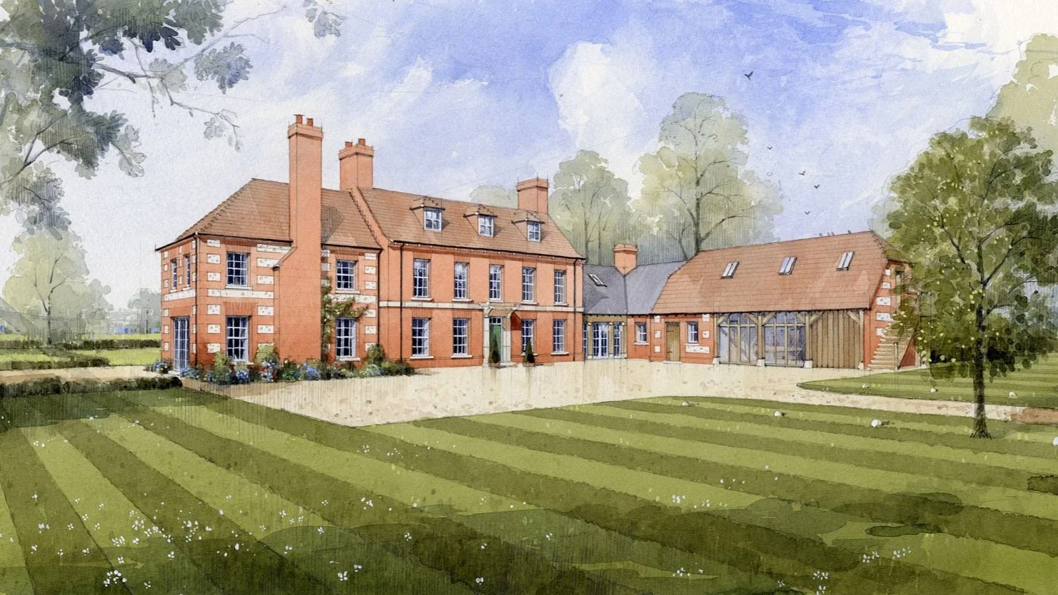 Alex Oliver Associates Ltd — Watercolour painting of a large brick country house