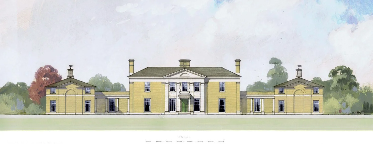 Alex Oliver Associates Ltd — Architectural drawing of a classical-style mansion with symmetrical design, central entrance, columns, and chimneys, surrounded by greenery.
