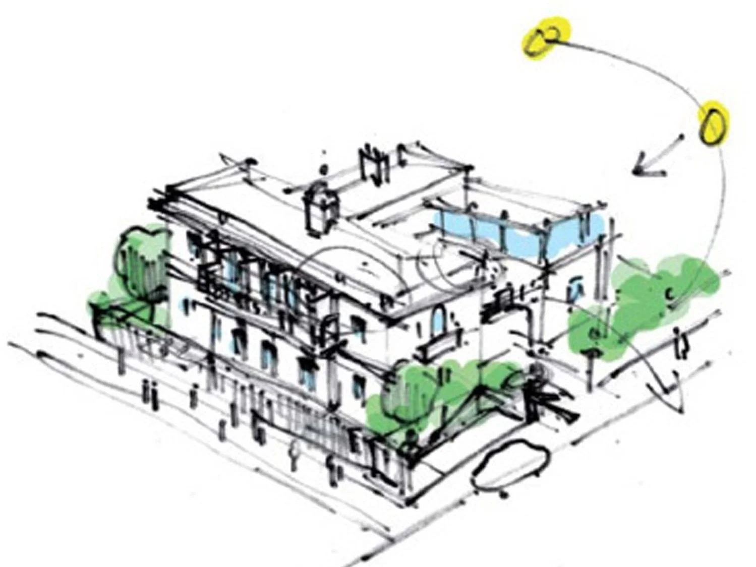 Sketch of new build sustainable classical building project by Alex Oliver Associates