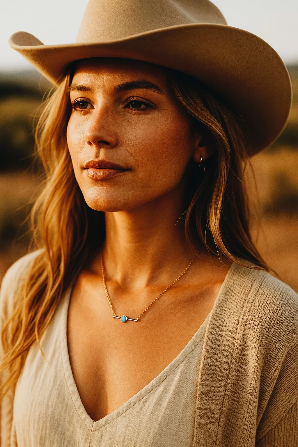 A woman wearing a wide-brimmed tan hat, a beige top, with wavy hair, and a blue necklace, outdoors during sunset.