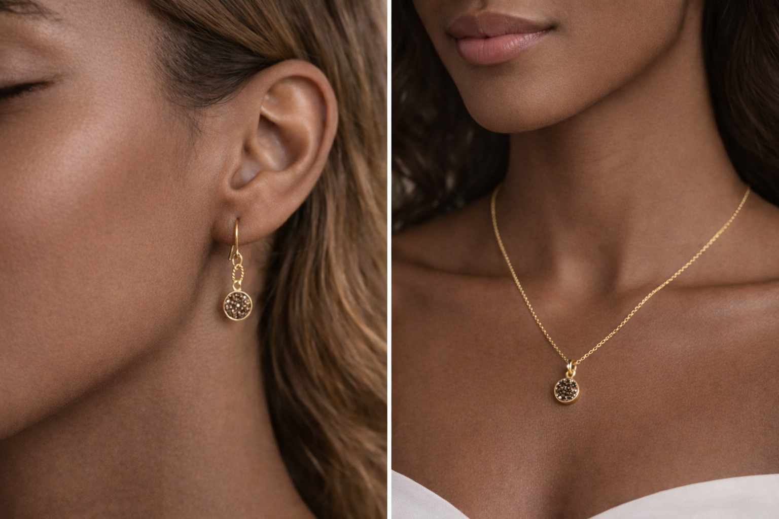 Close-up of two women wearing matching gold jewelry; one with a gold earring and the other with a gold necklace, both featuring a circular pendant with black stones.