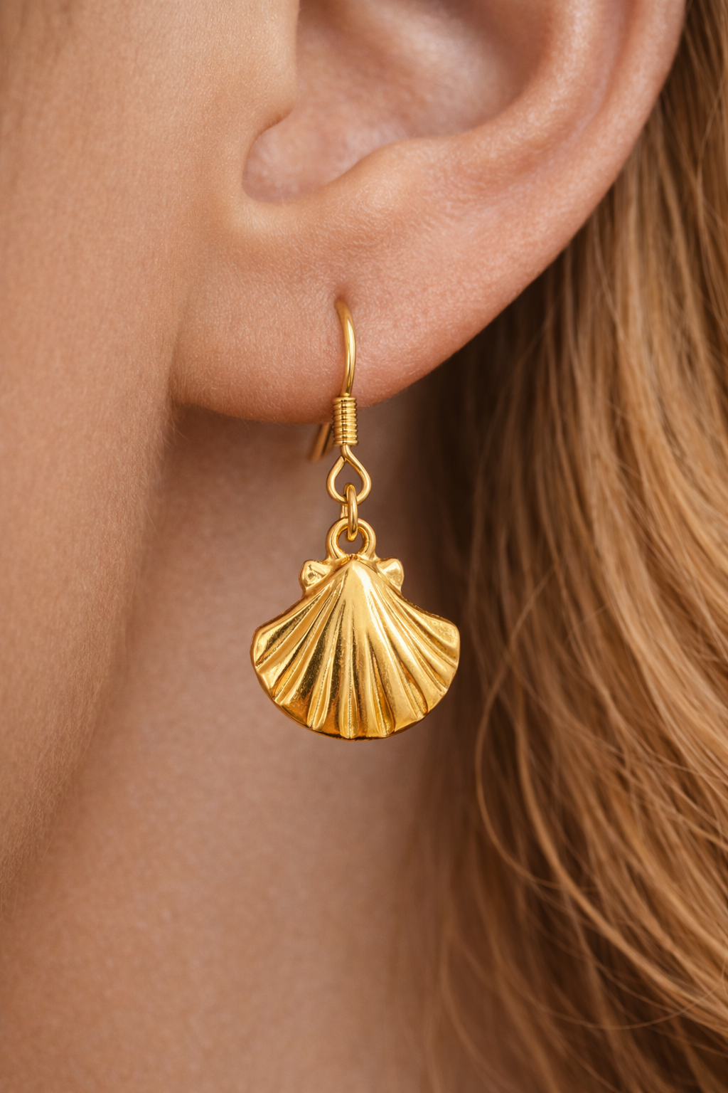 Gold scallop shell earring close-up