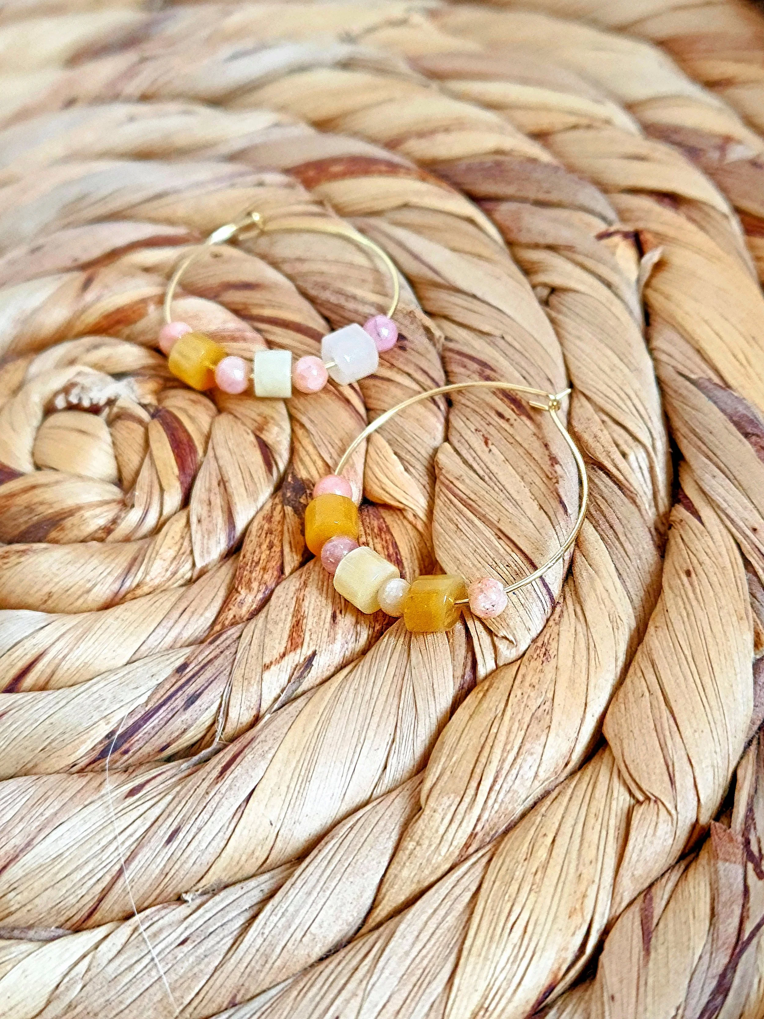 Jade & Pink Opal Gemstone Hoop Earrings