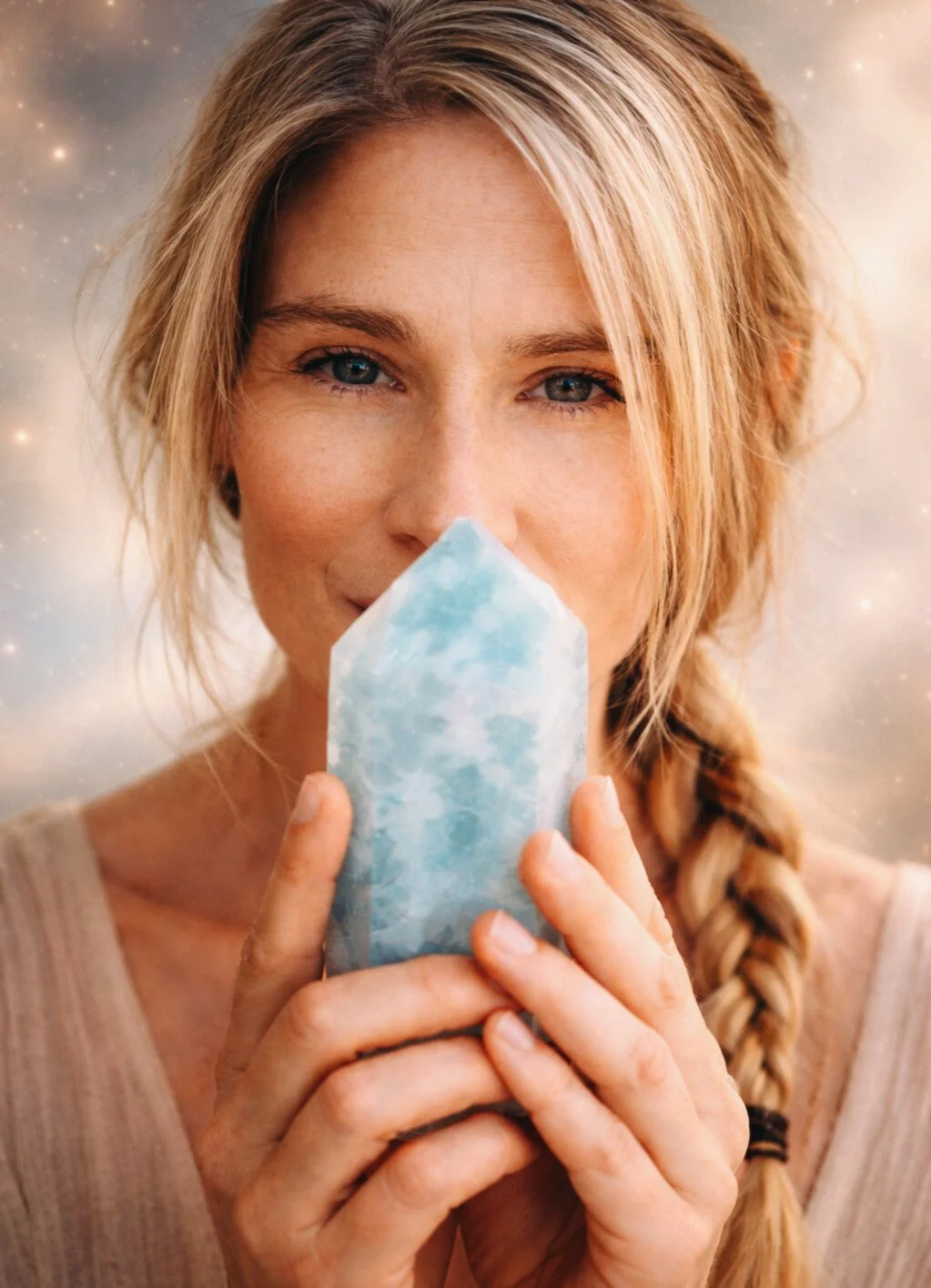 A woman with blonde hair braided over her shoulder, holding a large blue and white crystal close to her lips, with a blurred cosmic background with stars.