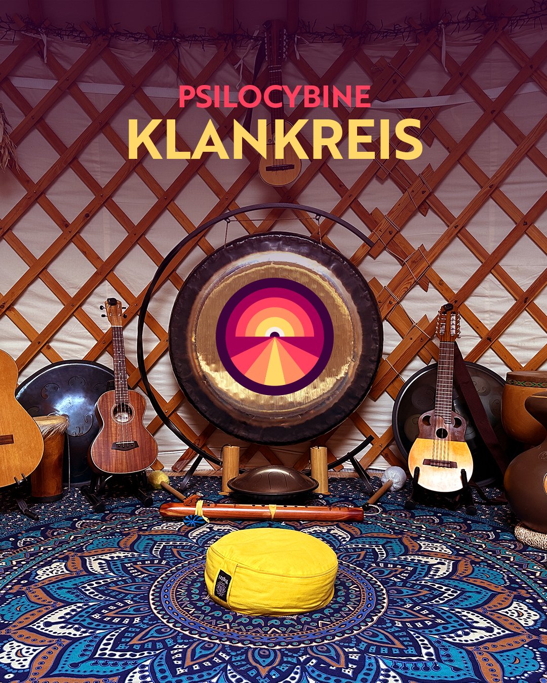 A collection of musical instruments, including guitars, a gong, and a kalimba, arranged in a yurt-like setting with a decorative blue patterned rug and a yellow meditation cushion in the foreground.
