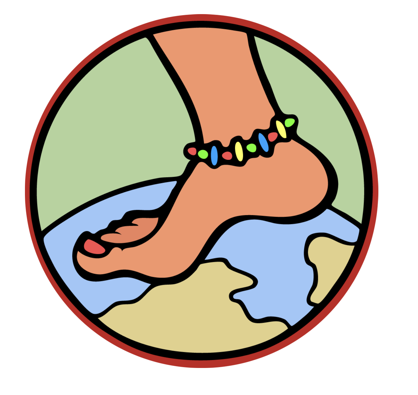 A colorful illustration of a foot with beads around the ankle, standing on a map that depicts different terrains, including water, green land, and brown land, enclosed in a circle with a red background.