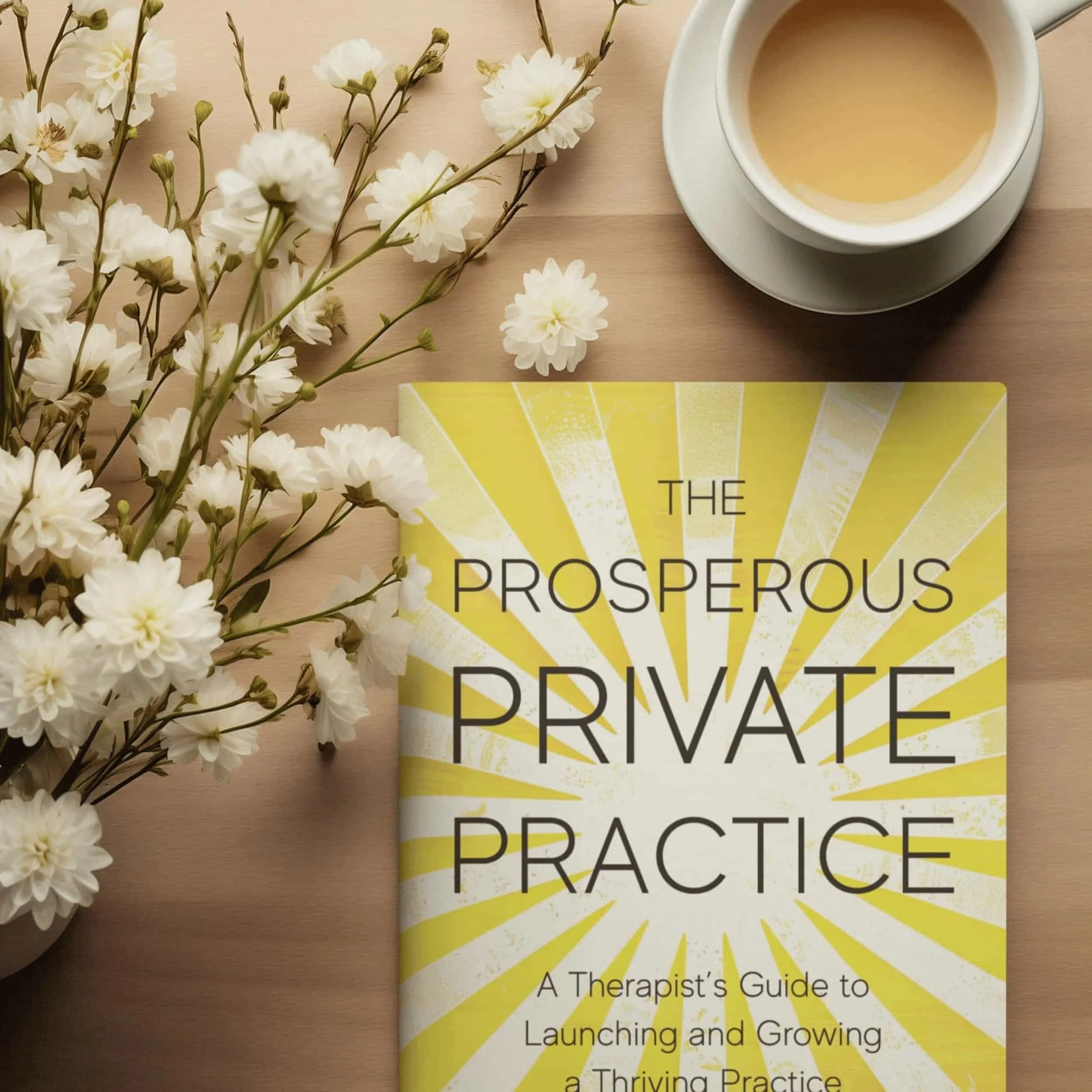 The Prosperous Private Practice book on a table with coffee and flowers