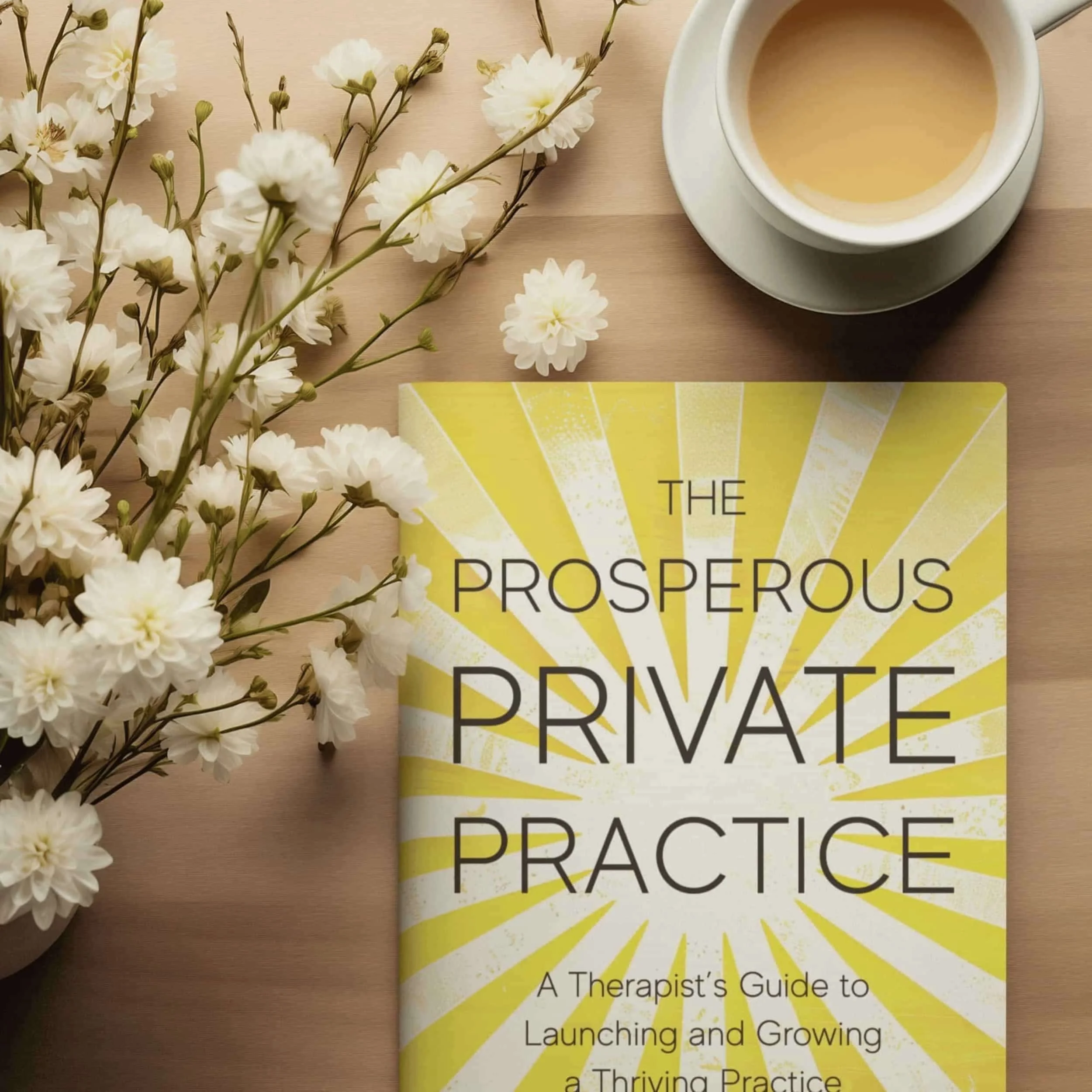 The Prosperous Private Practice book on a table with coffee and flowers