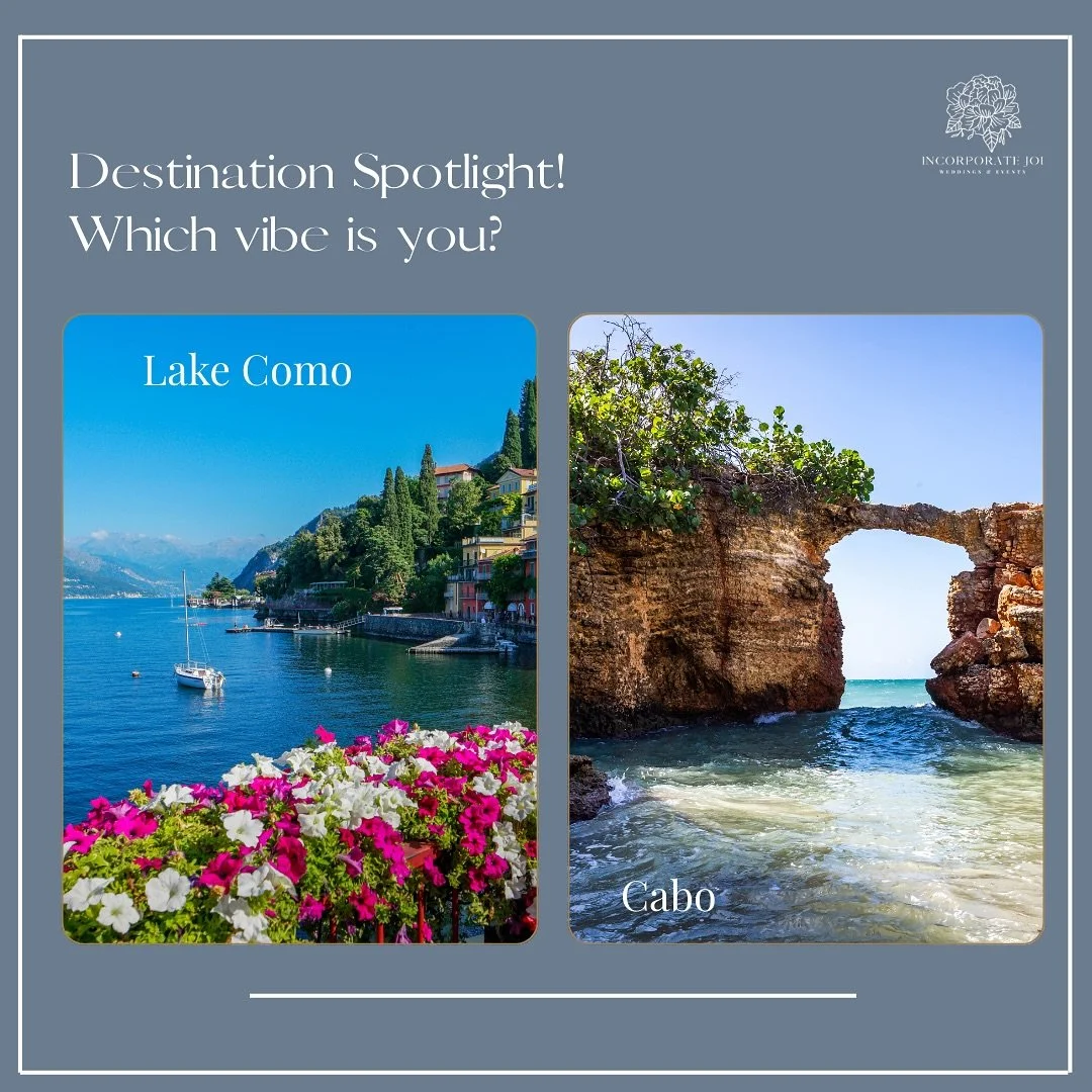 Two destinations. Two completely different vibes. Lake Como whispers timeless romance, where vows are exchanged on villa terraces overlooking the water.
 Cabo brings a sun-kissed celebration, with golden sunsets and barefoot toasts by the sea.
Your l