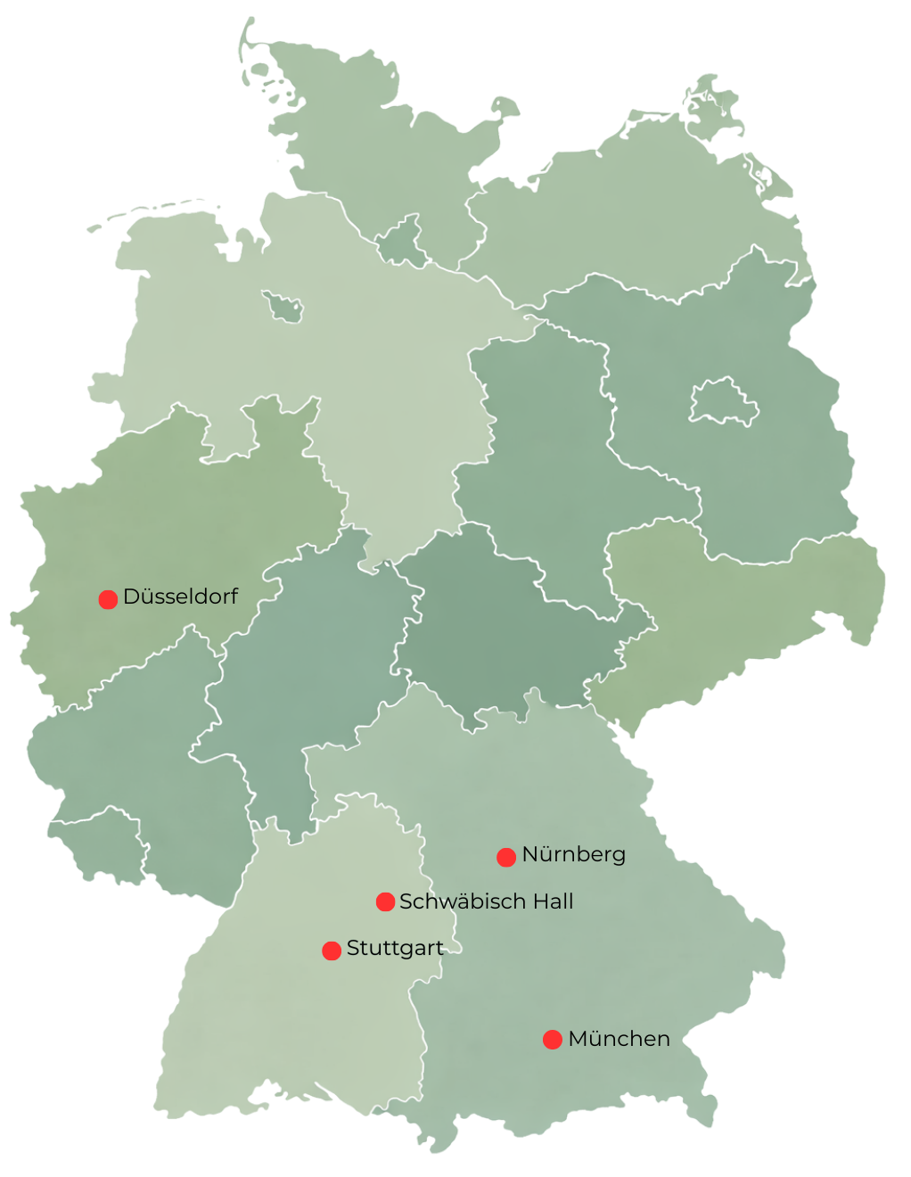 Karte von Deutschland mit roten Punkten bei Düsseldorf, Nürnberg, Schwäbisch Hall, Stuttgart und München