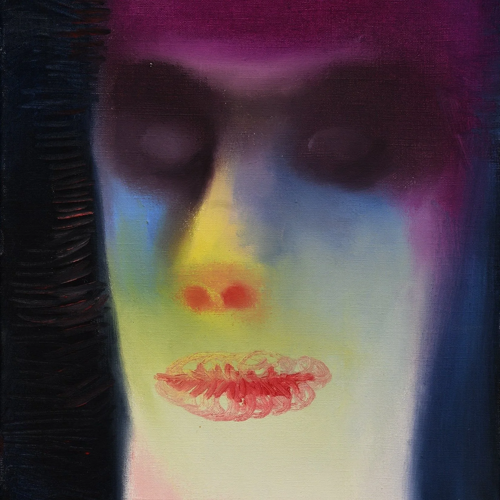 Abstract painting of a stylized face with closed eyes, pink and purple hair, red lips, green skin, and a black background.