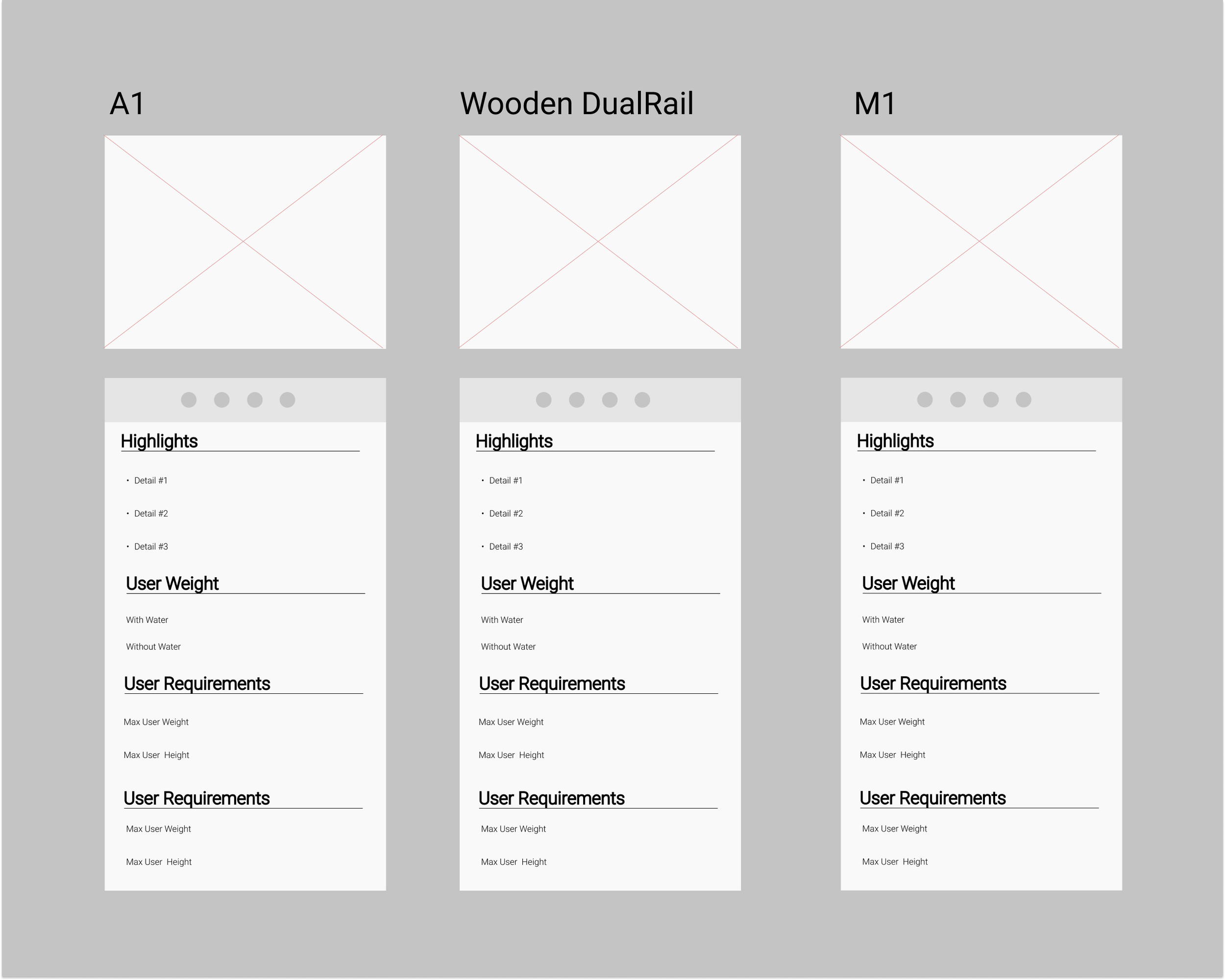 Low fidelity wireframes of the compare page