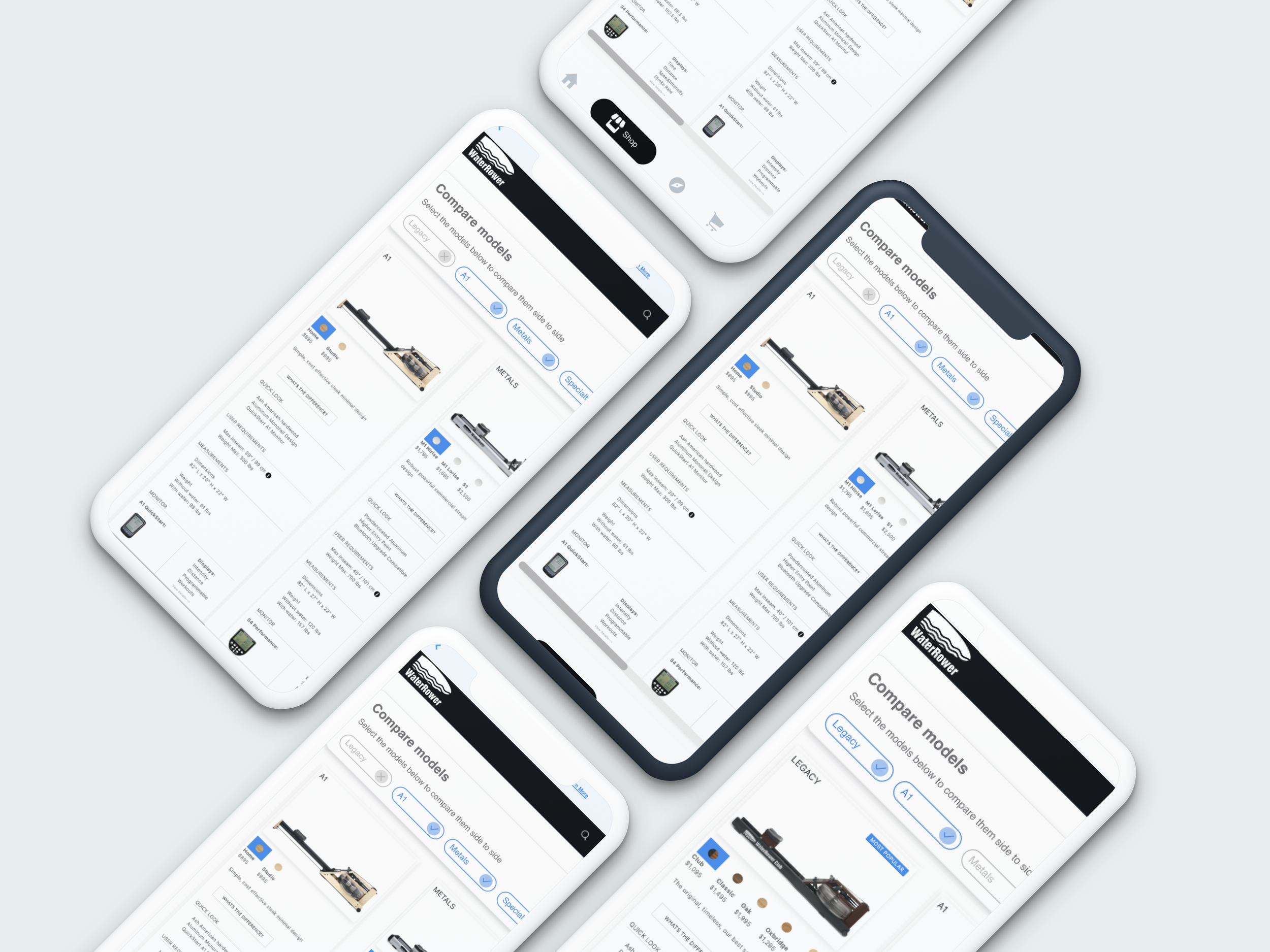 Multiple smartphones displaying a comparison webpage for rowing machines with filters for models and features.