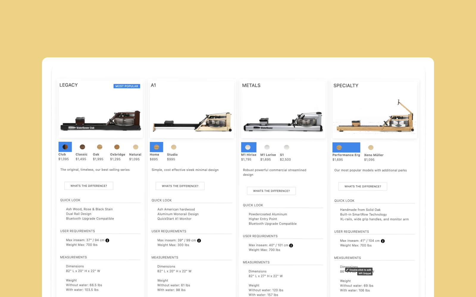 E-commerce product comparison mockup