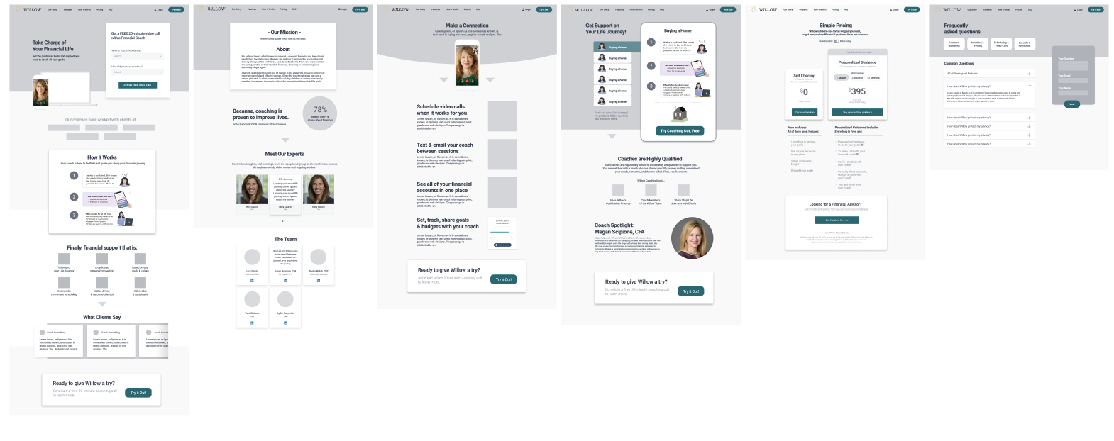 Willow wireframe for wordpress website low fidelity