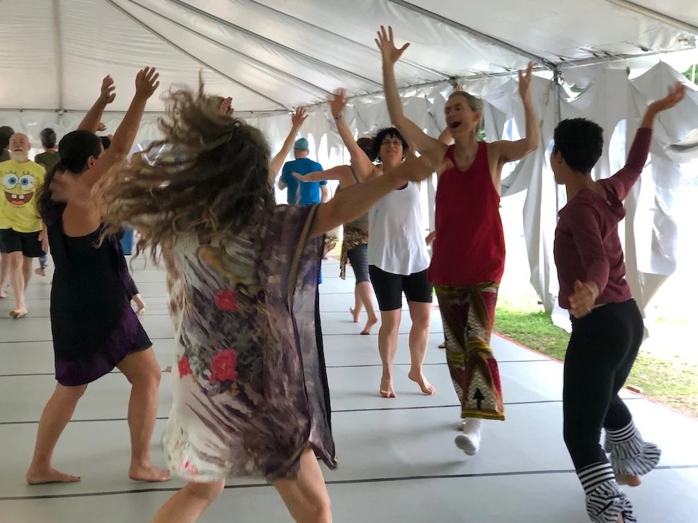 People dancing and celebrating inside a large white tent, some with raised arms and smiles, with a grassy outdoor area visible outside the tent.