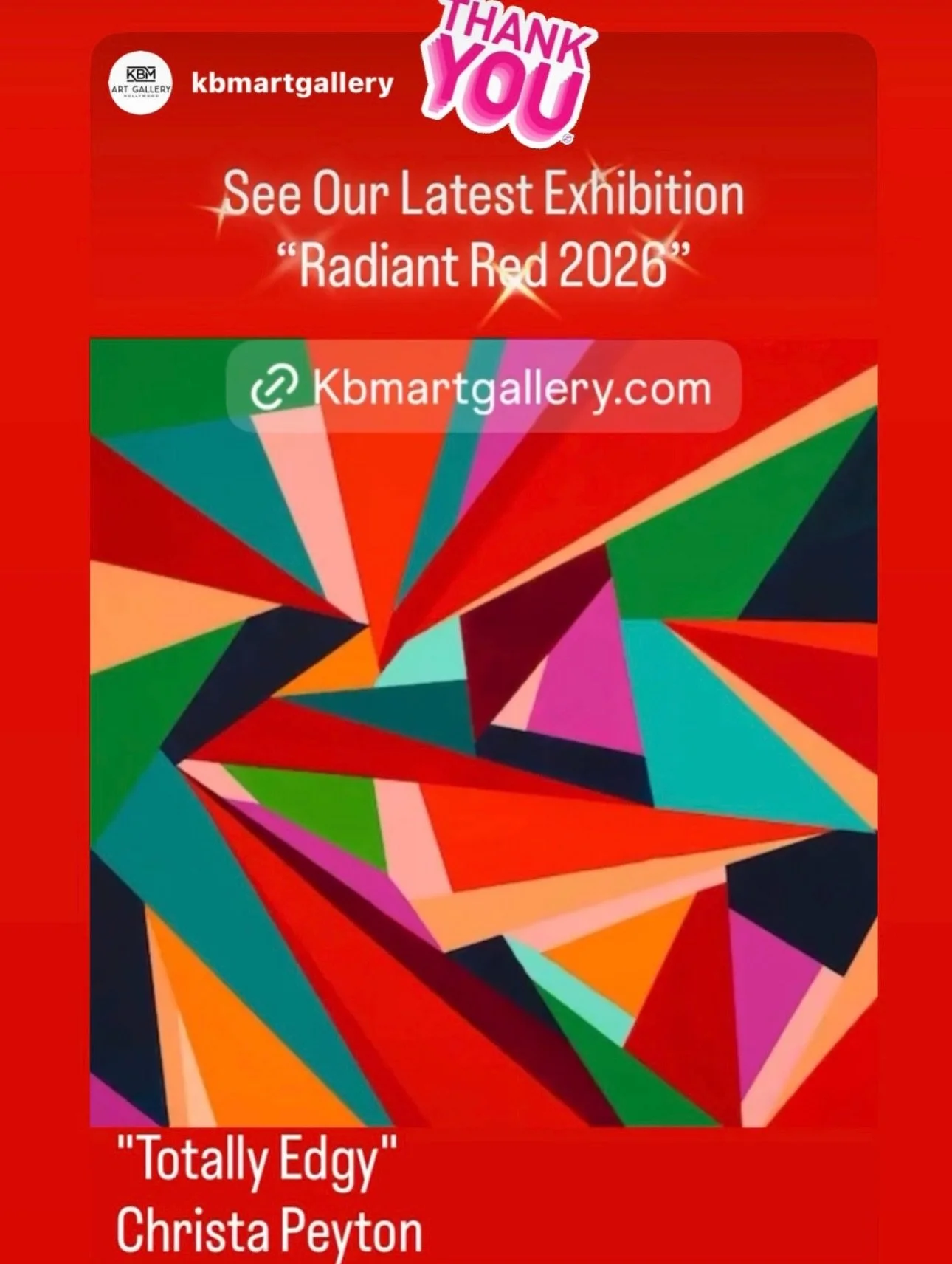 Thank you @kbmartgallery
for the opportunity to be
part of your &ldquo;Radiant Red 2026&rdquo; Exhibition

&ldquo;Totally Edgy&rdquo; 36x36
Acrylic on canvas
$5,000
Link in bio to purchase ⚡️