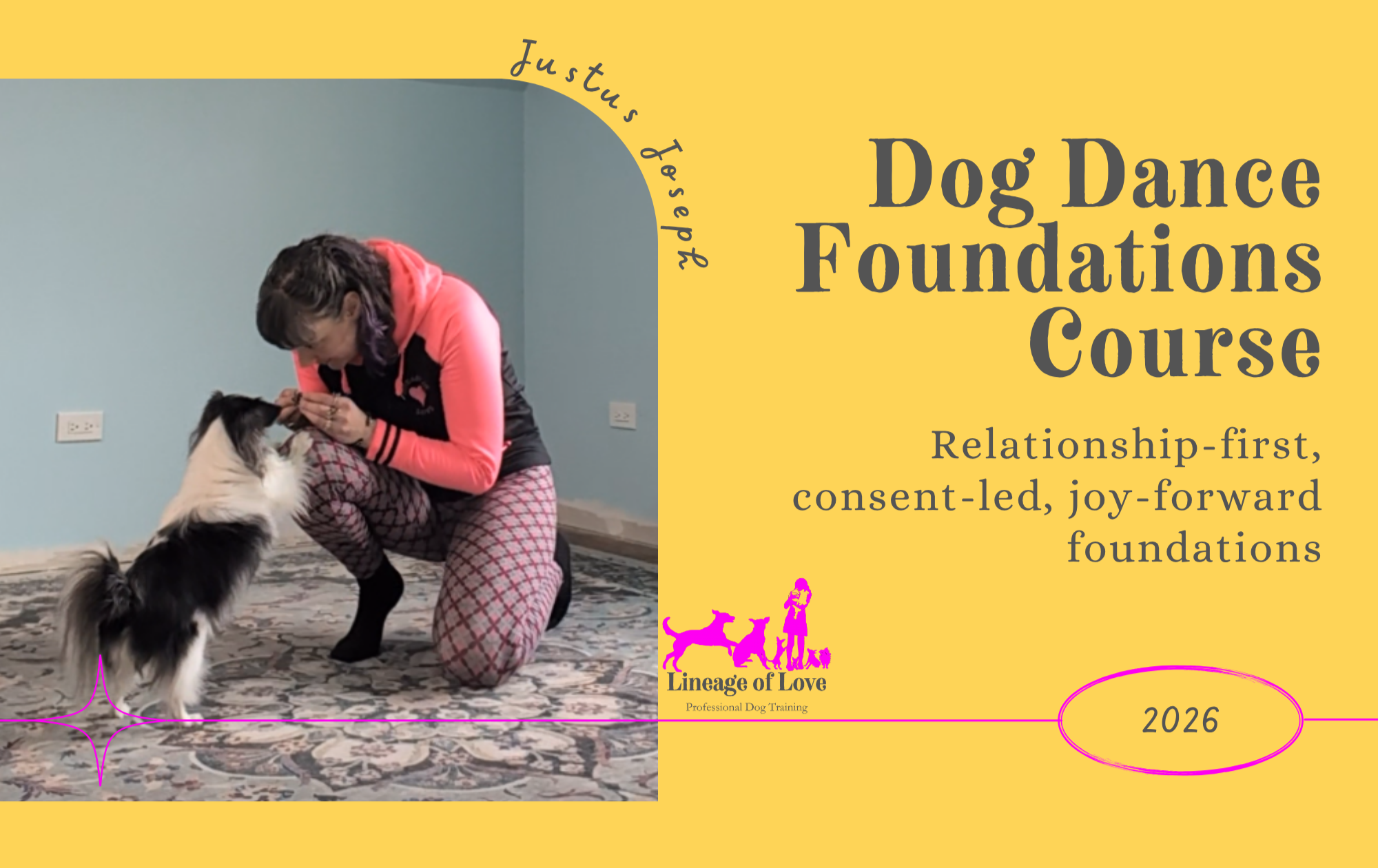 A woman wearing a pink hoodie and patterned pants is kneeling on a patterned rug indoors, interacting with a black and white dog that is standing on its hind legs with front paws on the woman's knees.