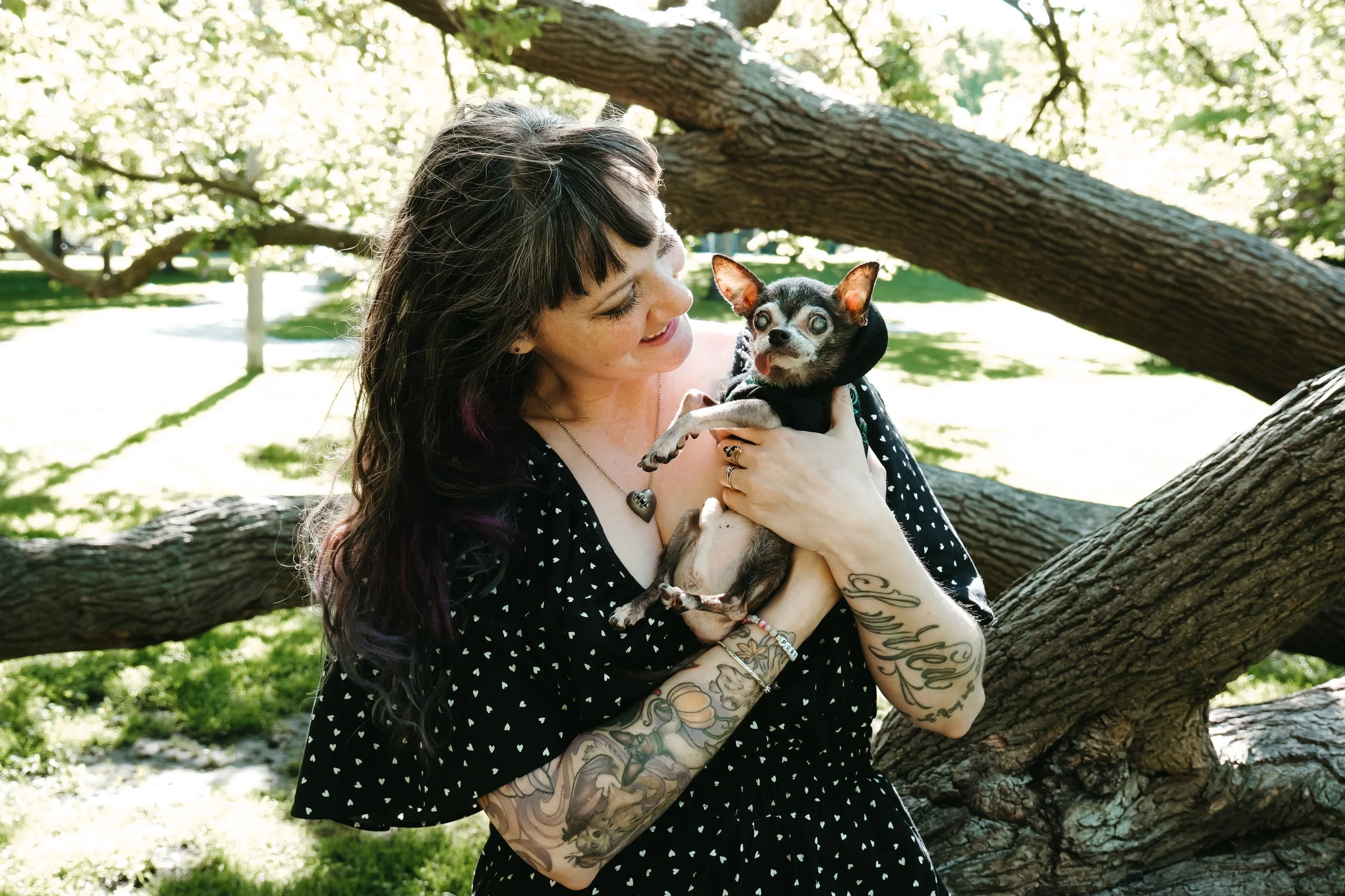 A woman with tattoos and a black polka dot dress is smiling and holding a small black dog with blue eyes in a park, with trees and sunlight in the background.