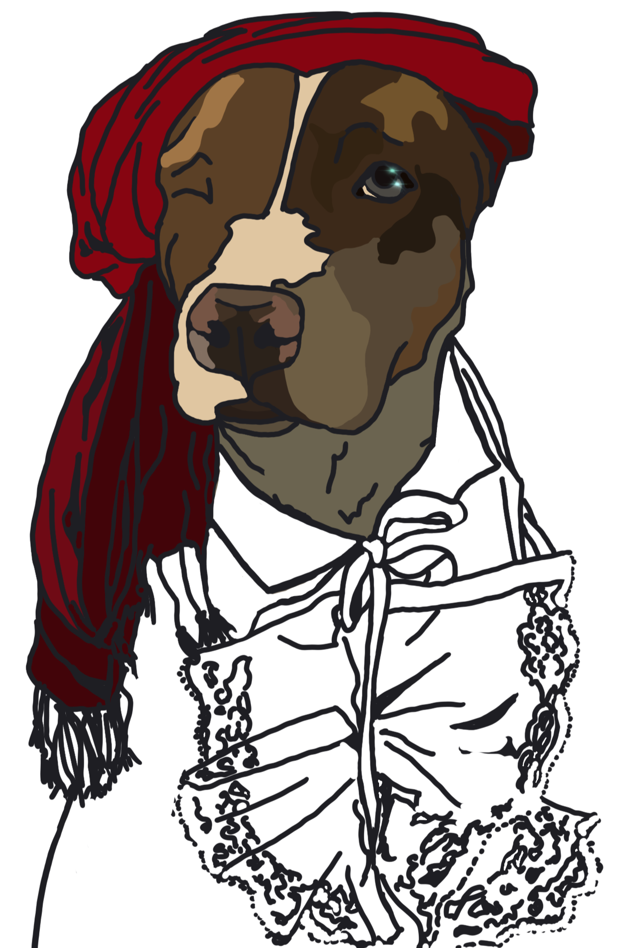 Stylized drawing of a dog wearing a white blouse with lace details and a bow around the neck, and a red headscarf.