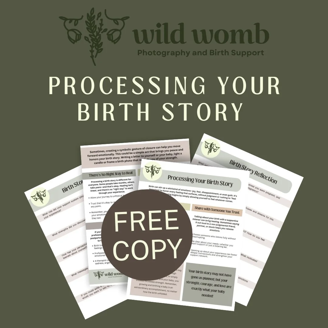 Flyer for Wild Womb Photography and Birth Support titled 'Processing Your Birth Story' with multiple pages of information and a sign that says 'Free Copy' on a dark green background.