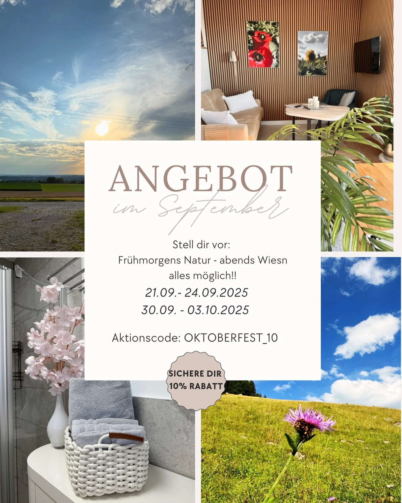 🍂 Wiesn-Feeling & Chiemgau-Idylle – dein perfekter Herbst-Trip! 🍂
Die Wiesn ruft – und du brauchst noch den Rückzugsort abseits vom Trubel? 🌾
✨ Unser September-Spezial-Angebot:
📆 Nur an wenigen Terminen verfügbar:
21.&n