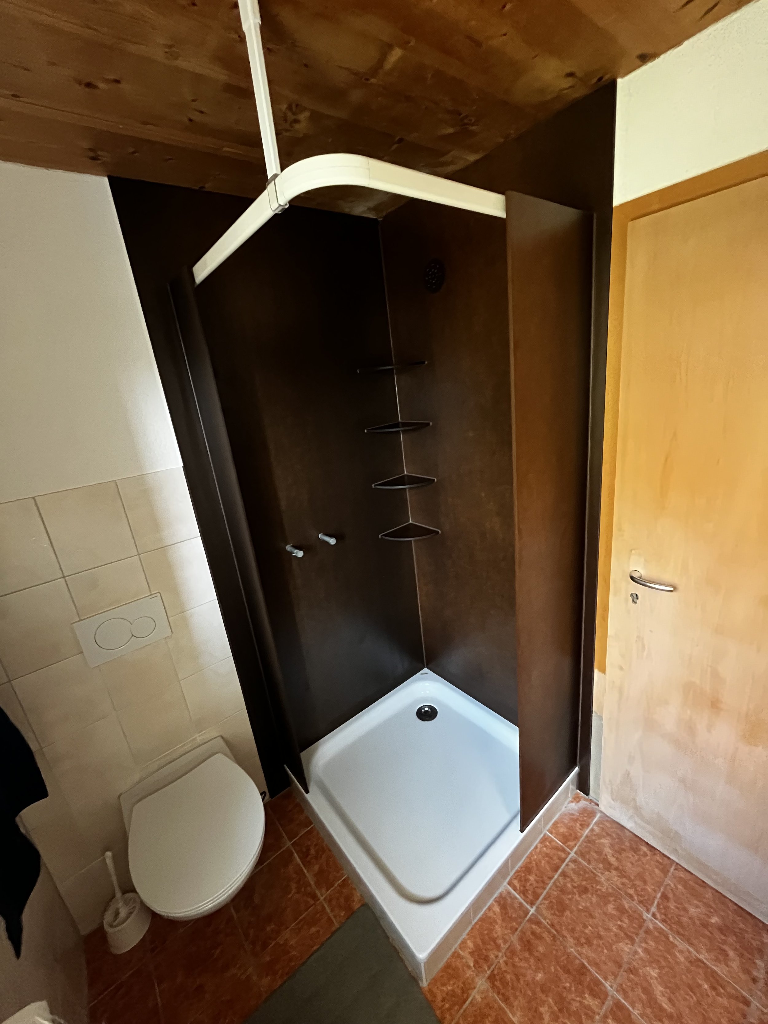 Badezimmer mit Dusche ohne Vorhang, Toilette, Fliesenboden und Holzdecke.